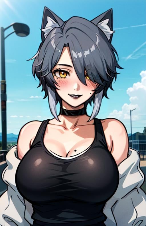 best quality, (masterpiece),(ultra-detailed), (high quality), (high resolution),  <lora:yuunkurosu:0.7>,yuunkurosu, 1girl, solo, breasts, blush, smile, short hair, large breasts, black hair, animal ears, cleavage, collarbone, jacket, tail, grey hair, multicolored hair, sky, choker, day,  cat ears, off shoulder, mole, hair over one eye, cat tail, animal ear fluff, mole under eye, black choker, tank top, cat girl, mole on breast, black tank top, black lips,yellow eyes, 