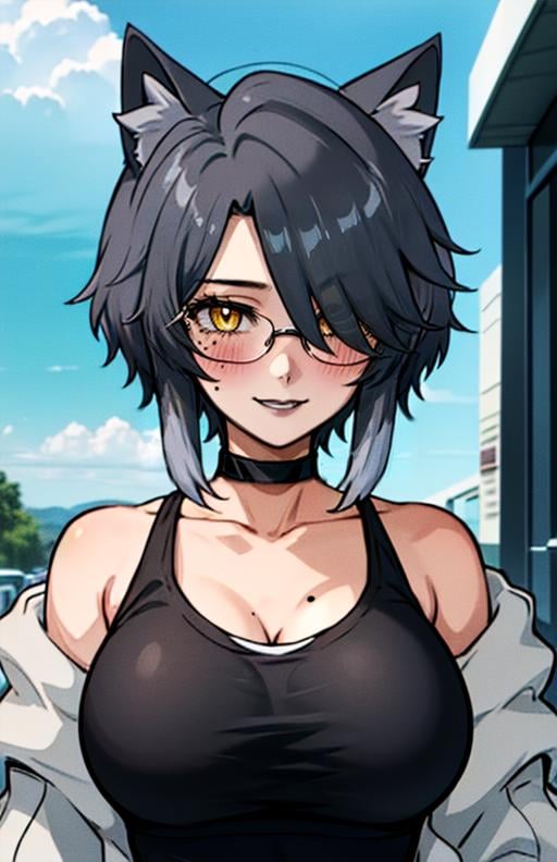 best quality, (masterpiece),(ultra-detailed), (high quality), (high resolution),  <lora:yuunkurosu:0.7>,yuunkurosu, 1girl, solo, breasts, blush, smile, short hair, large breasts, black hair, animal ears, cleavage, collarbone, jacket, tail, grey hair, multicolored hair, sky, choker, day,  cat ears, off shoulder, mole, hair over one eye, cat tail, animal ear fluff, mole under eye, black choker, tank top, cat girl, mole on breast, round eyewear, black tank top, black lips,yellow eyes, 