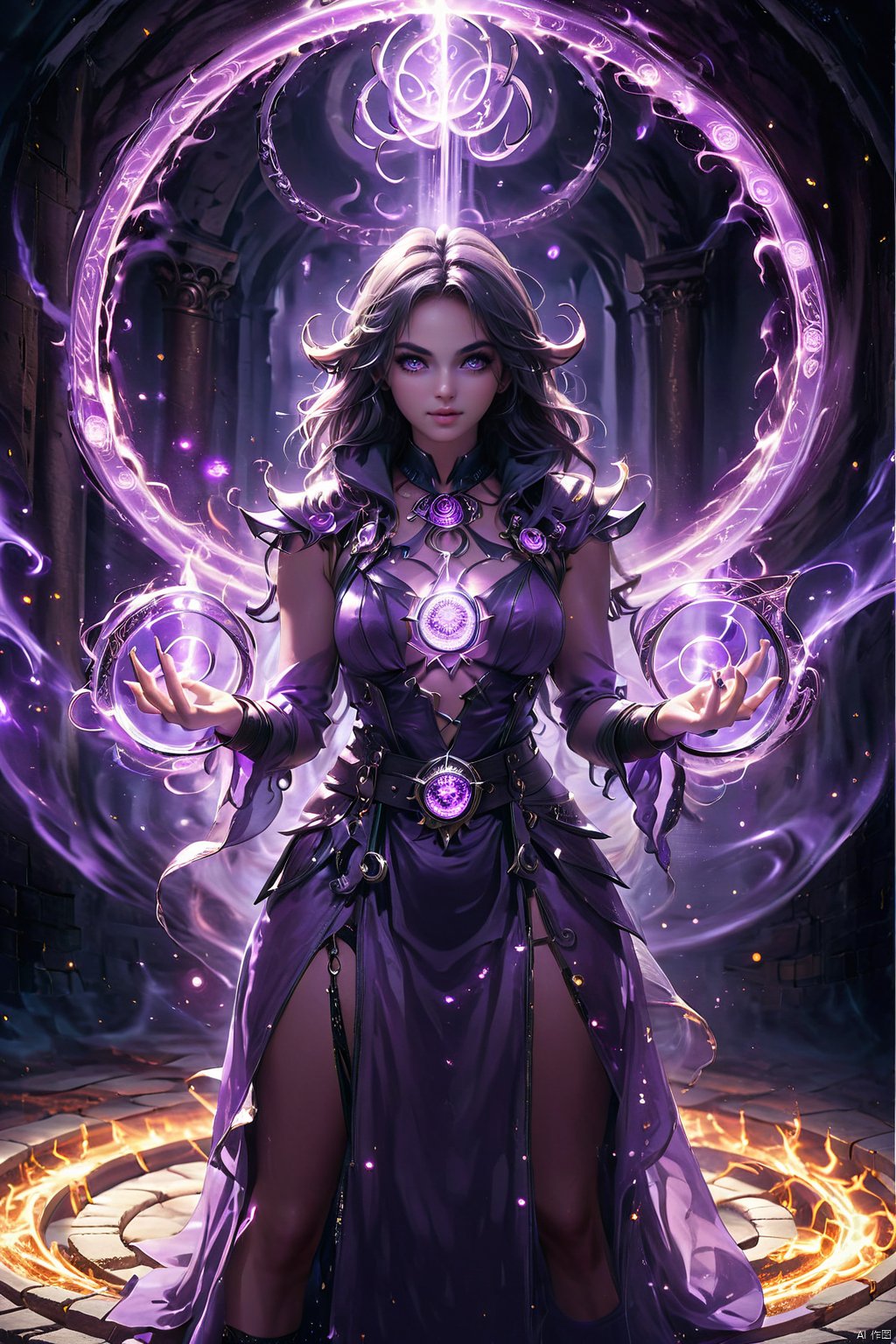 fullbody shot of a sexy purple demon female, casting black spell rings, circular glowing rings in each hand, multiple spell rings, looking at viewer, fantasy dungeon in background, hkmagic, best quality, super detaild, ultra detaild, amazing quality, super realistic, Spell rings, 35mm film photography