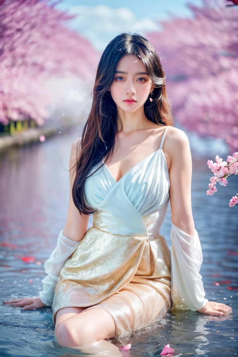 photorealistic, pastel blue and pink tone,moody color tone, ultra-detailed, finely detailed, high resolution, 1 girl, cherry blossom garden on reflect water scene,no green leaf, very low level water, ((beautiful eyes)), very delicate light, water spray, ( white dress with gold decoration), wrinkled skirt, (staring blankly, lovely big eyes), messy_hair, payot, Flowers, splashing water, falling petals,CTCTL,xxmixgirl,photorealistic,JeeSoo<lora:EMS-317820-EMS:0.800000>, <lora:EMS-179-EMS:0.800000>