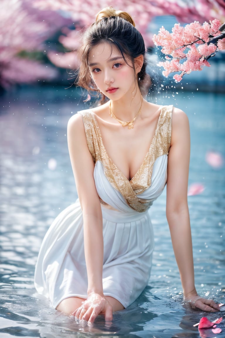 photorealistic, pastel blue and pink tone,moody color tone, ultra-detailed, finely detailed, high resolution, 1 girl, cherry blossom garden on reflect water scene,no green leaf, very low level water, ((beautiful eyes)), very delicate light, water spray, ( white dress with gold decoration), wrinkled skirt, (staring blankly, lovely big eyes), messy_hair, payot, Flowers, splashing water, ((falling petals)),CTCTL,xxmixgirl,photorealistic,JeeSoo<lora:EMS-317820-EMS:0.800000>, <lora:EMS-179-EMS:0.800000>