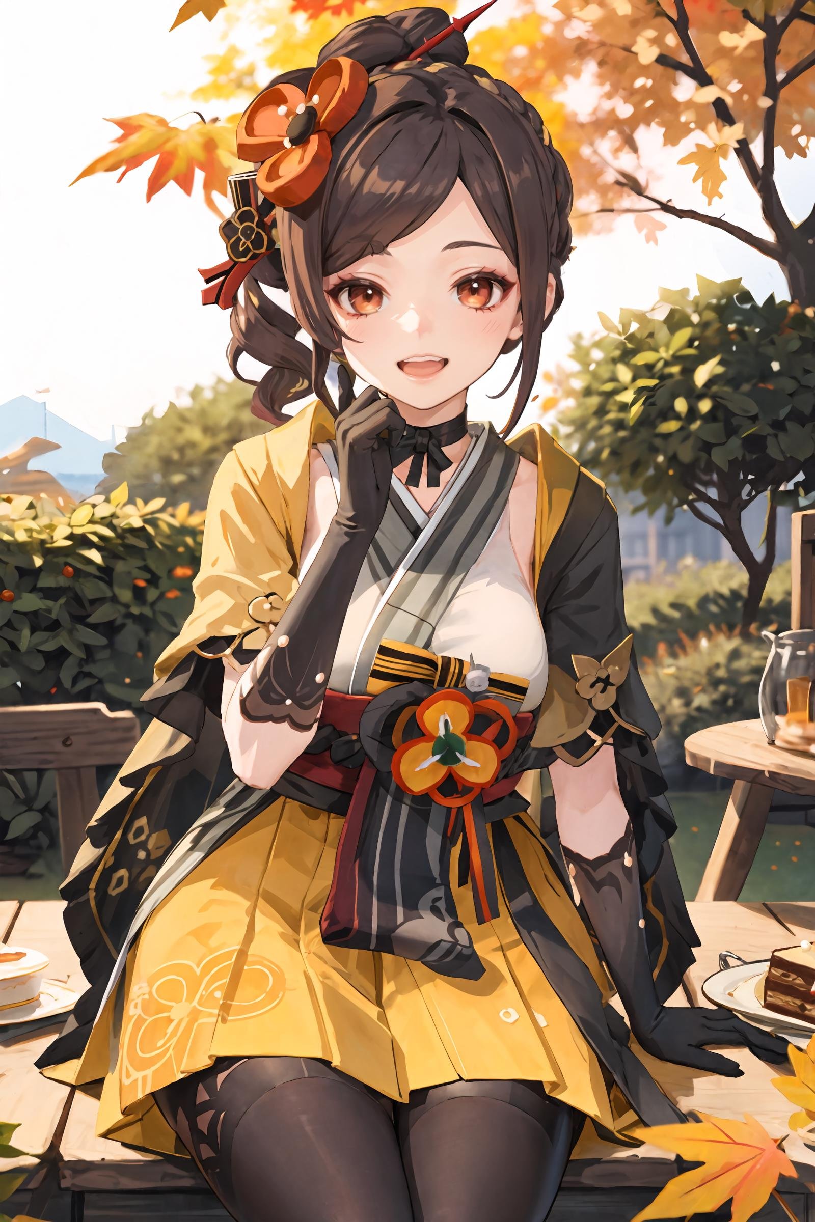 1girl, chiori \(genshin impact\), solo, elbow gloves, hair ornament, short kimono, print pantyhose, sash, wide sleeves, ribbon choker, cowboy shot, sitting, garden, autumn leaves, outdoors, depth of field, light smile, open mouth, looking at viewer, hands on own face, table, cake, teapot