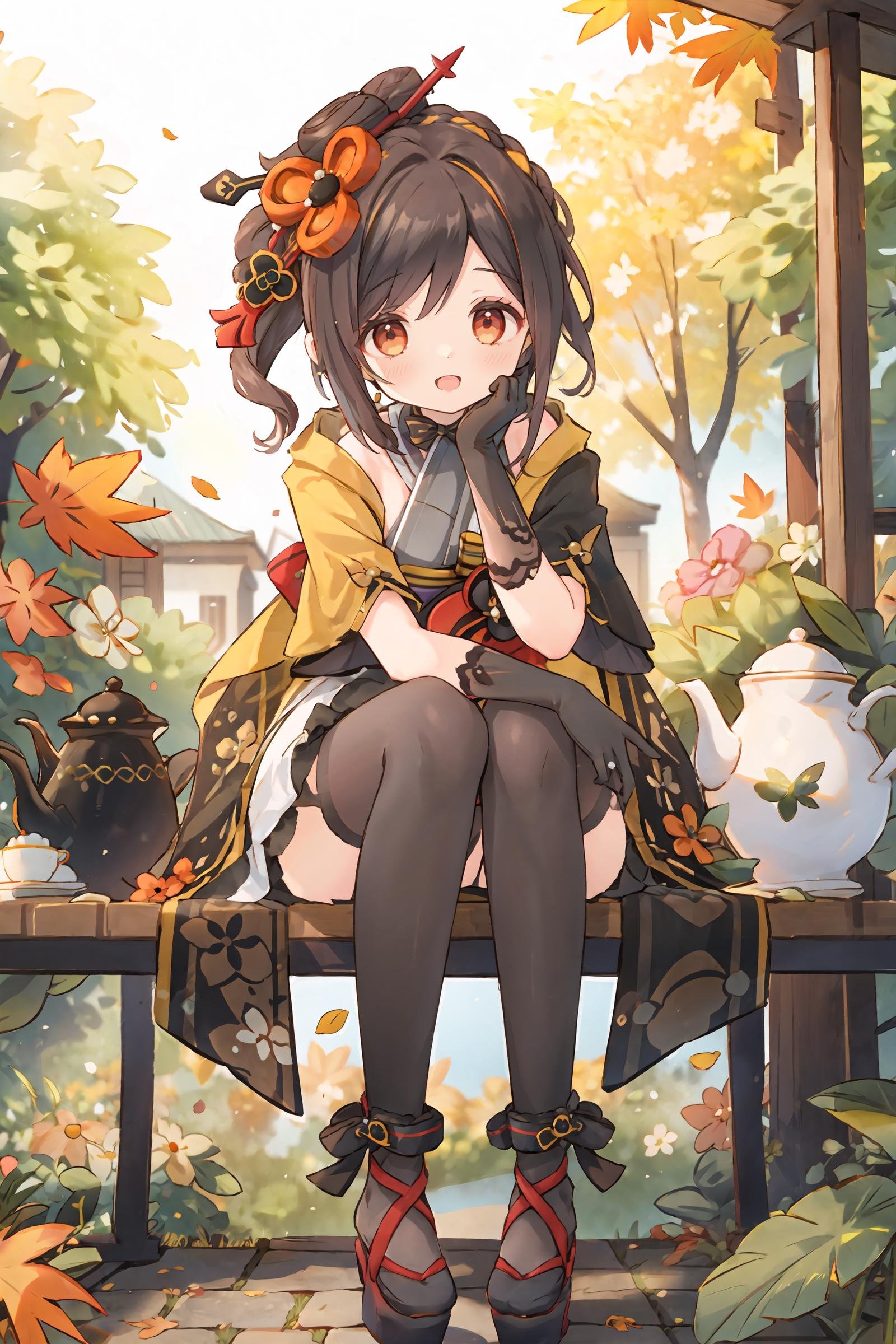 1girl, chiori \(genshin impact\), solo, elbow gloves, hair ornament, short kimono, print pantyhose, platform footwear, sash, wide sleeves, ribbon choker, full body, sitting, garden, autumn leaves, outdoors, depth of field, light smile, open mouth, looking at viewer, hand on own face, table, cake, teapot