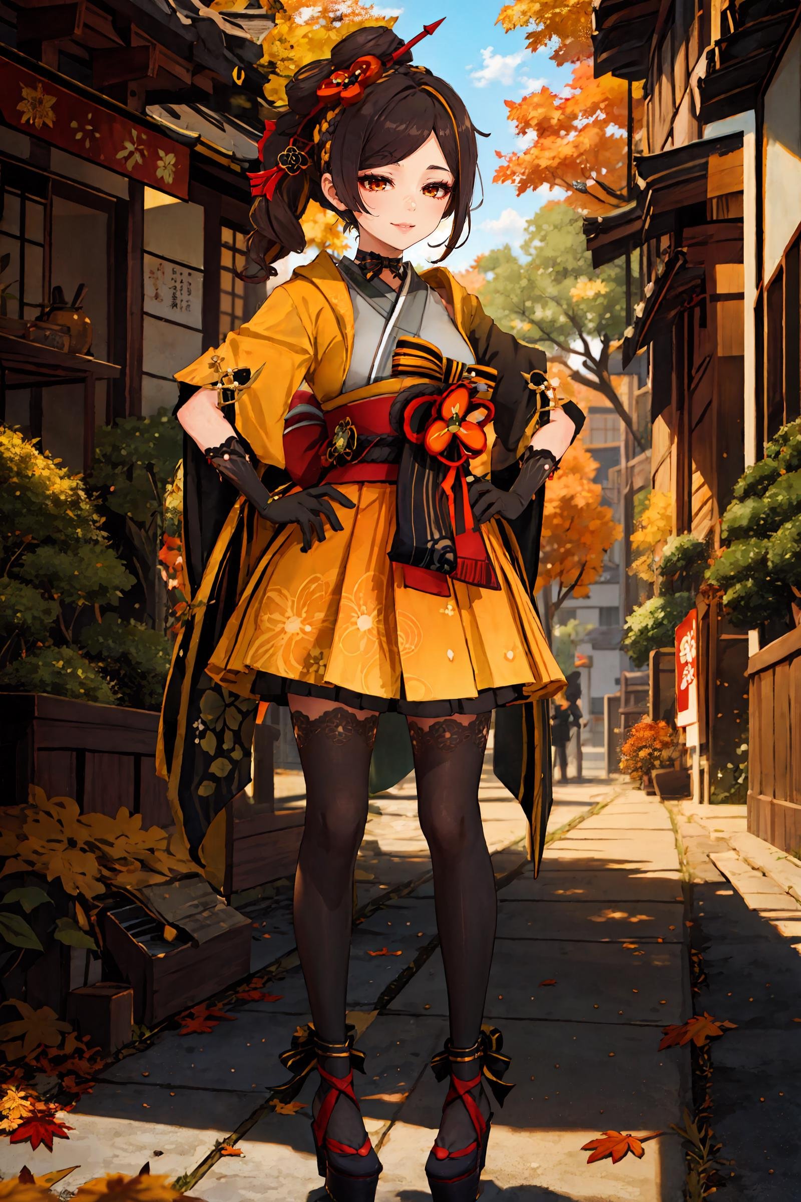 1girl, chiori \(genshin impact\), solo, elbow gloves, hair ornament, short kimono, print pantyhose, platform footwear, sash, wide sleeves, ribbon choker,  full body, standing, japanese street, autumn leaves, outdoors, depth of field, hand on hip, light smile, gasping, ecstasy, looking at viewer, <lora:face-sensualface_type2:0.8>