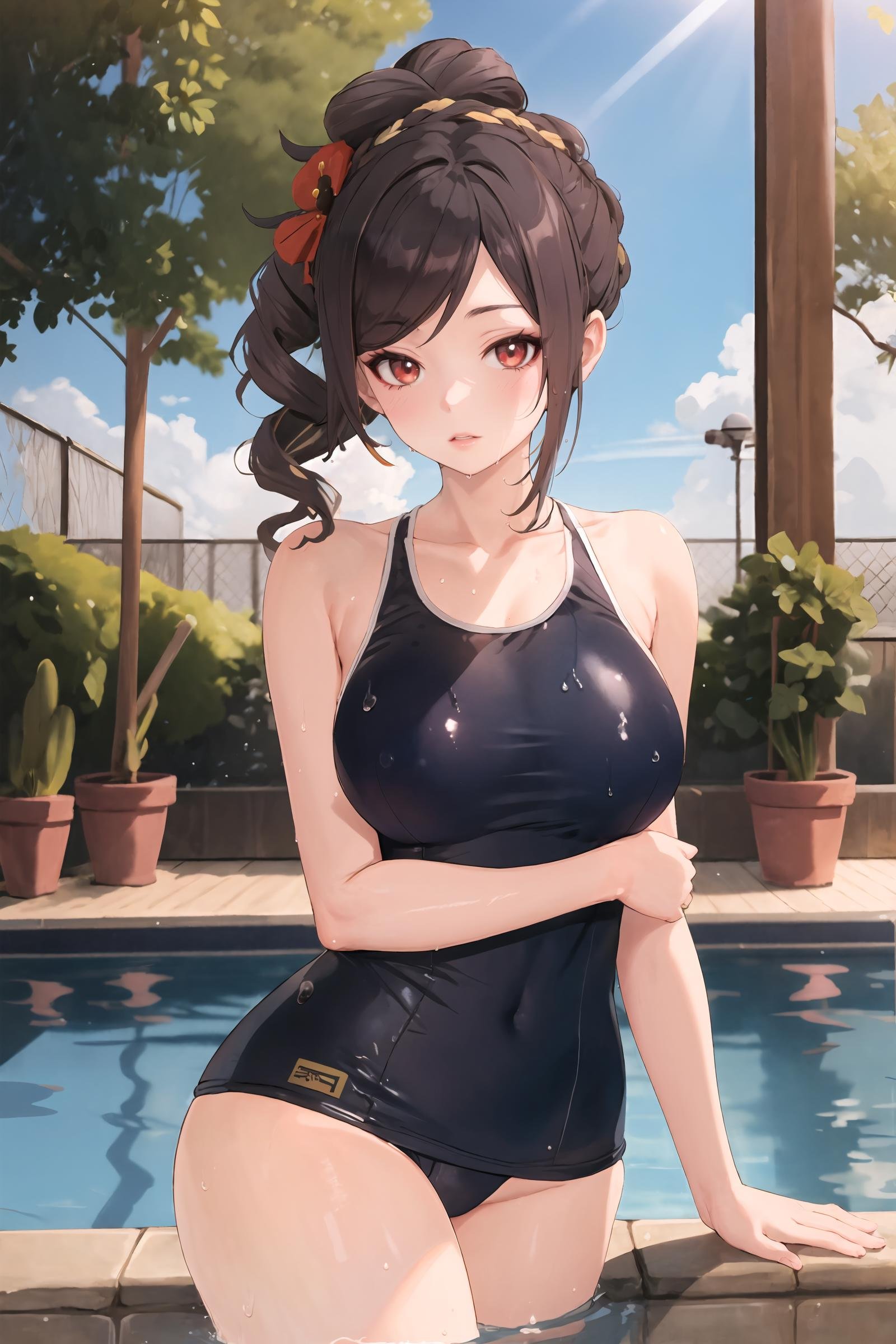 1girl, chiori \(genshin impact\), school swimsuit, bare shoulders, poolside, pool, wet, cowboy shot, outdoors, looking at viewer,  blue sky, sunbeam, depth of field