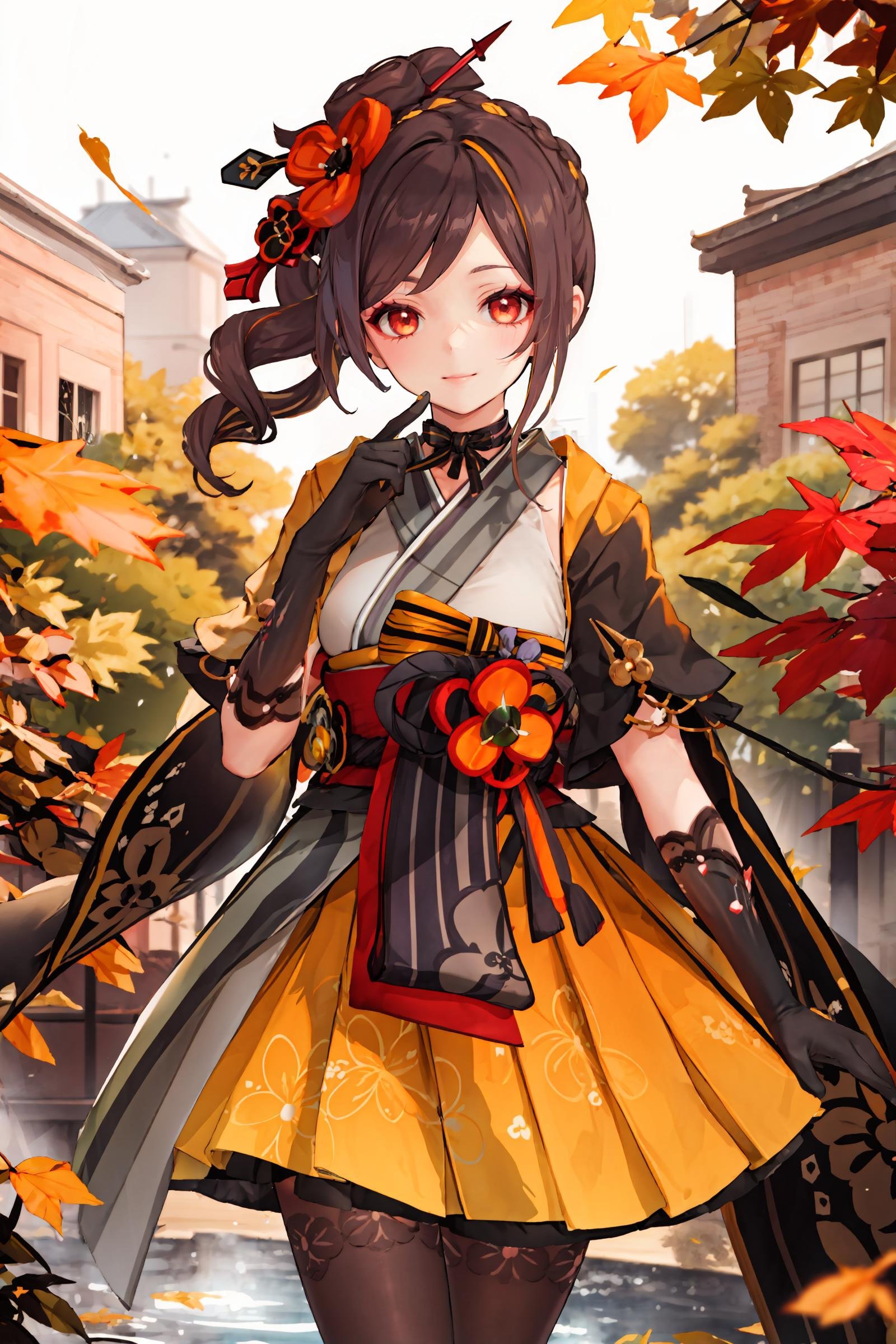 1girl, chiori \(genshin impact\), solo, elbow gloves, hair ornament, short kimono, print pantyhose, sash, wide sleeves, ribbon choker, cowboy shot, standing, garden, autumn leaves, outdoors, depth of field, hand in own hair, floating hair, light smile, gasping, ecstasy, looking at viewer