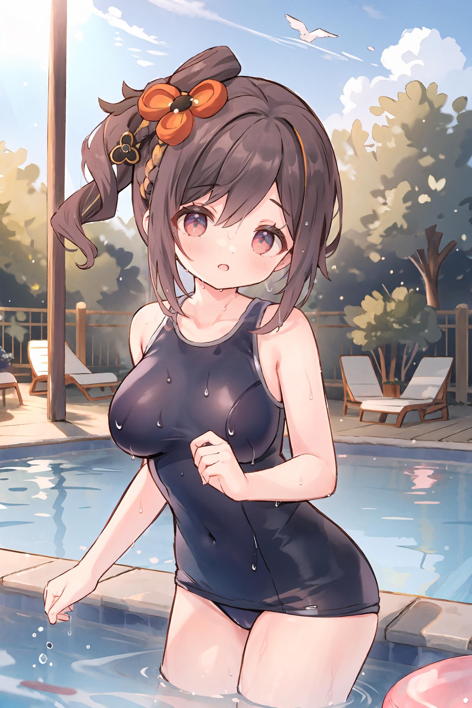 1girl, chiori \(genshin impact\), school swimsuit, bare shoulders, poolside, pool, wet, cowboy shot, outdoors, looking at viewer,  blue sky, sunbeam, depth of field