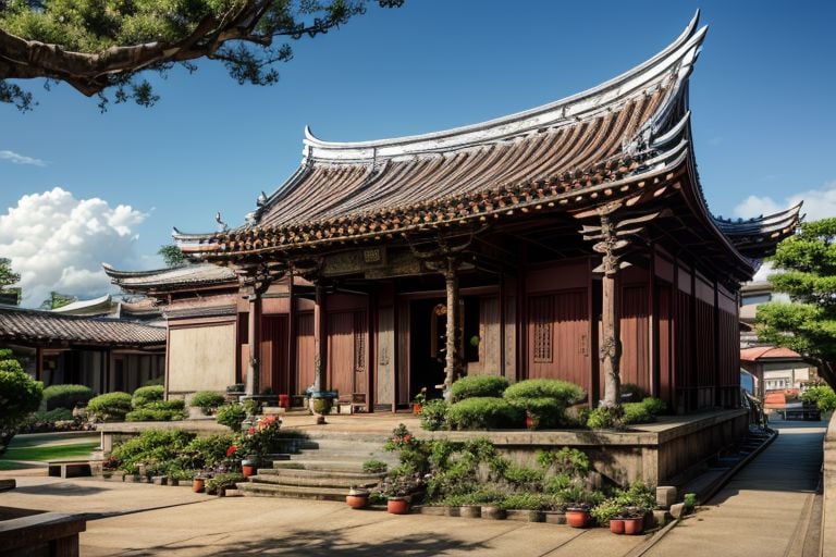 architecture, landscape, scenery, east asian architecture, Lukang Longshan temple, (Taiwanese temple, Hokkien architecture, Southern Min architecture) East Asia, vintage, historical, heritage, trational, ancient, wooden structure, orange tiled roof, upward curve ridge roof, trees, best quality, masterpiece, <(realistic:1.3), intricate details>, 8k, RAW photo, scenery,