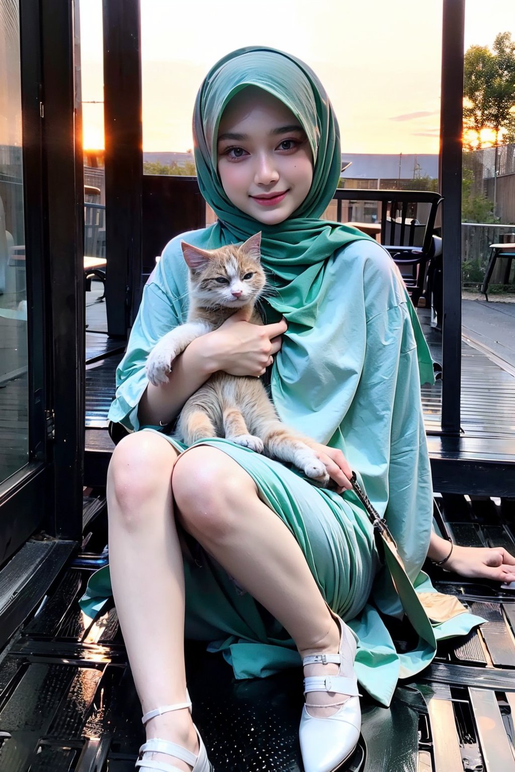 White, ((green)), blue,
Triadic colour schemes,
1 girl, solo, innocent looks, enjoying, looking at viewer, hijab 
Cute kitten with, furry body,
((Sunrises)),
,D1AMOND