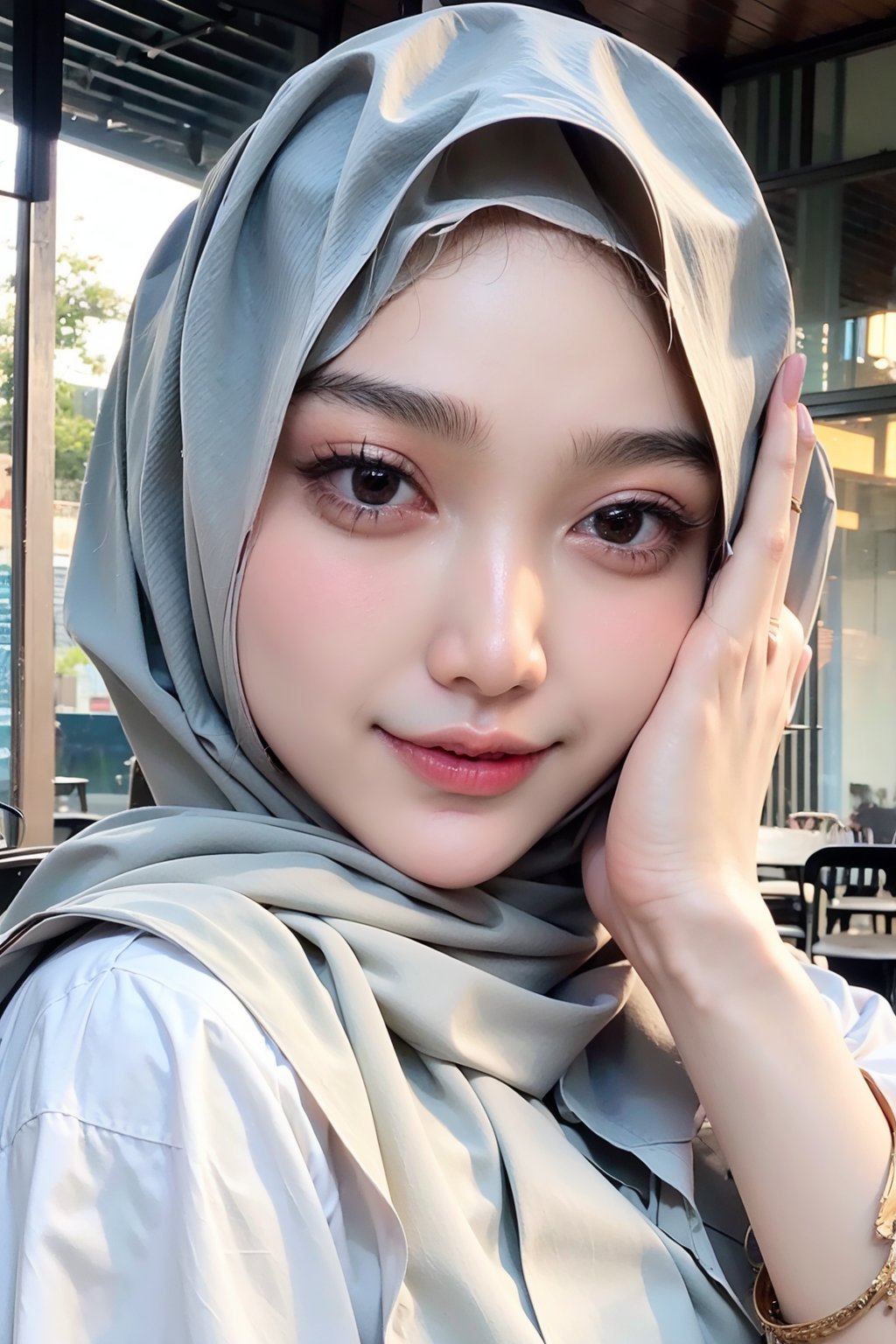 Close up,
1 girl, solo, looks, enjoying, looking at viewer, hijab 

,D1AMOND,ar1n,Masterpiece,C1SYU,IR3N ,R15M ,H3NUY ,EVH4 