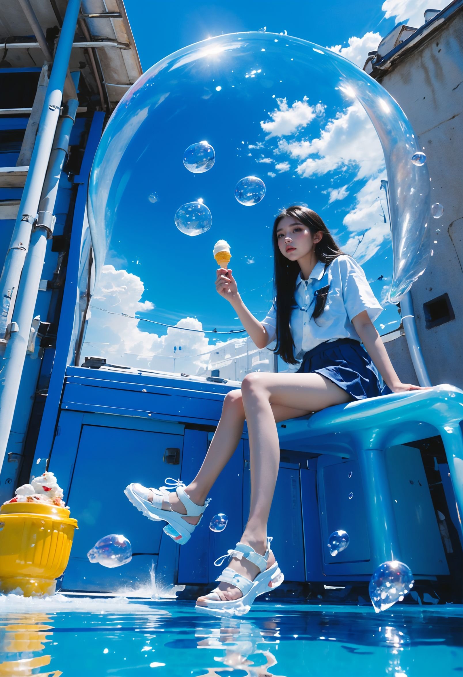 (best quality,official art,beautiful and aesthetic:1.2),(fractal art:1.2),offcial art,colorful,Colorful background,splash of color,movie perspective,advertising style,magazine cover,xuer popsicle,1girl,solo,long hair,skirt,shirt,black hair,holding,sitting,school uniform,white shirt,short sleeves,pleated skirt,outdoors,food,sky,shoes,day,collared shirt,cloud,black skirt,medium hair,water,blue sky,blue skirt,bare legs,ocean,sandals,white footwear,holding food,scenery,bubble,blue theme,water drop,ice cream,(air bubble:1.3),summer,whale,<lora:绪儿-雪糕 xuer popsicle:0.8>,