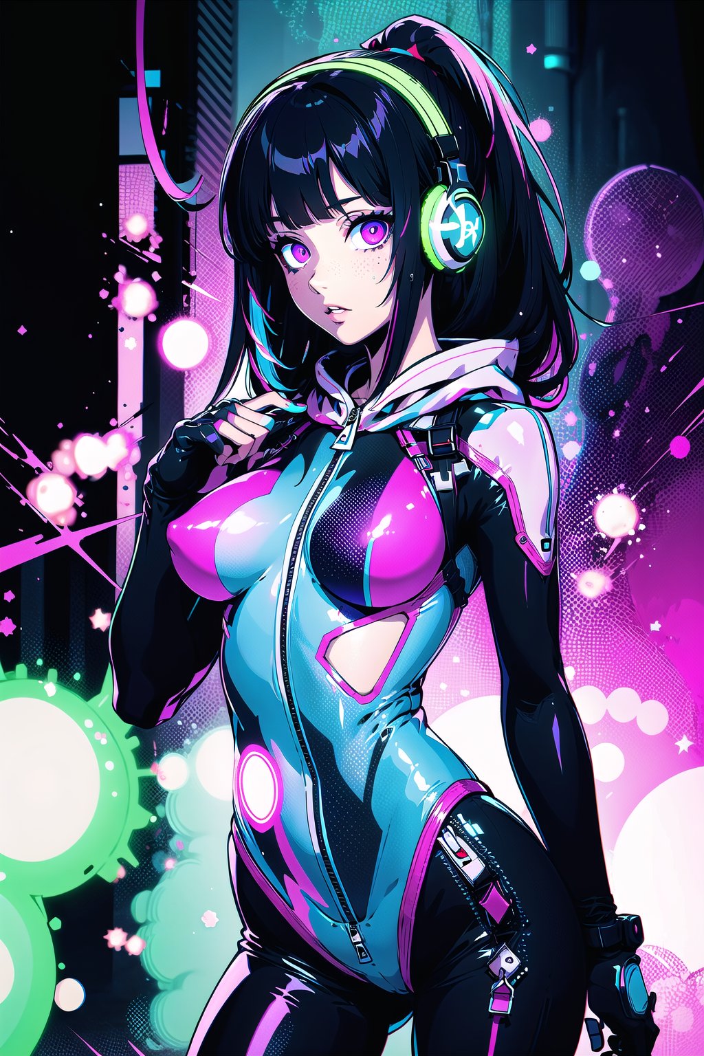 (masterpiece, best quality:1.3), top quality, 8k resolution, cg unity wallpaper, 1girl, solo, long hair, breasts, looking at viewer, bangs, black hair, long sleeves, holding, jewelry, medium breasts, standing, purple eyes, ponytail, black hair, multicolored hair, streaked hair, detailed hair, perfect composition, bloom, (glowing:1.2), (dark:1.3), (deep depth of field:1.3), floating particles, bokeh, focus, dynamic, (intricate details), cowboy shot, parted lips, hood, pink eyes, two-tone hair, bodysuit, gradient hair, glowing, headphones, hood down, zipper, contrapposto, black bodysuit, neon trim<lora:EMS-318001-EMS:1.400000>, <lora:EMS-91280-EMS:0.100000>