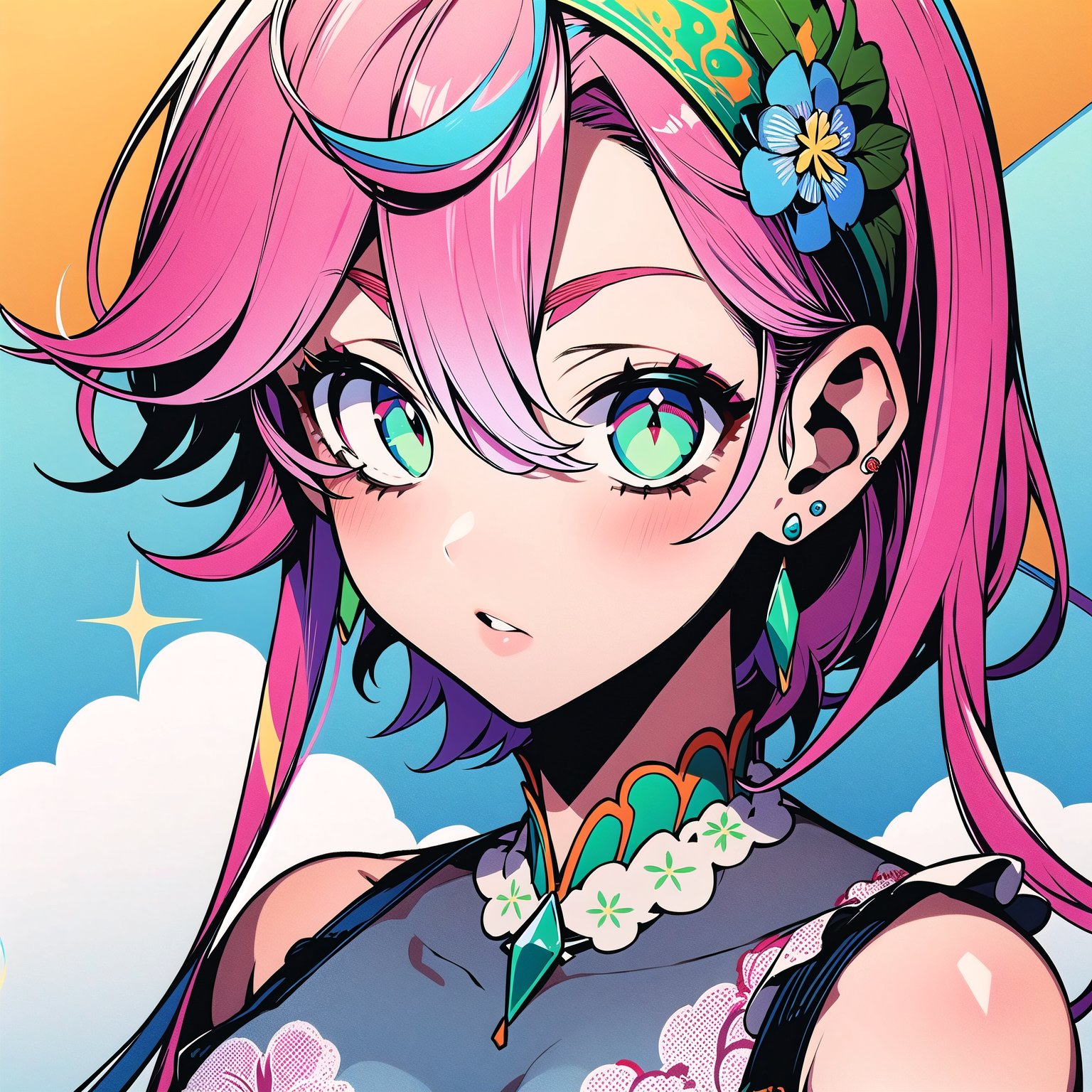 (Masterpiece, best quality), top quality, digital illustration, (8k), insanely detailed, hairband, traditional media, retro artstyle, portrait, upper body, lipstick, shawl, transparent,  (pink hair:1.1), hair between eyes, short hair with long locks, green eyes,(jewelry, earrings), fantasy, floral dress, glitter, shimmer, (floral print:1.1), (perfect female figure:1.1), mature female, half-closed eyes, cowboy shot, (expressive, dynamic scene:1.1), wind lift, long hair, glowing, 1girl, see-through, (detailed face, detailed eyes:1.2), looking at viewer, (deep depth of field:1.2), sharp focus, dynamic posture, dancing, cowboy shot, (intricate details:1.2), standing, gradient dress, beautiful, stylish, white trim,  (extremely detailed), volumetric lighting, full clothed, <lora:TETRA_STYLE:1.2>