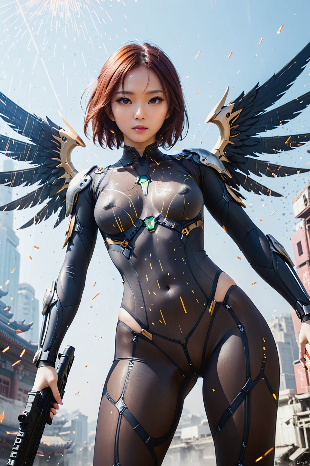  jiqing,1girl,medium breasts,weapon,wings,holding weapon,lips,bodysuit,covered navel,skin tight,science fiction,dual wielding,mechanical wings, mjuanlian, Ink scattering_Chinese style, 35mm film photography