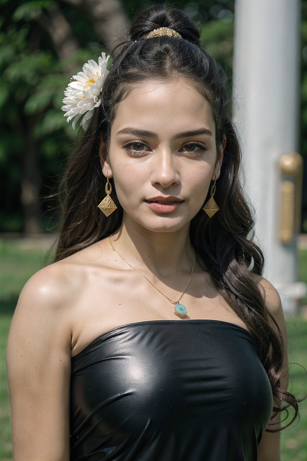 1girl, solo, long hair, black hair, hair ornament, dress, jewelry, closed mouth, upper body, flower, earrings, hair flower, necklace, lips, green dress, realistic