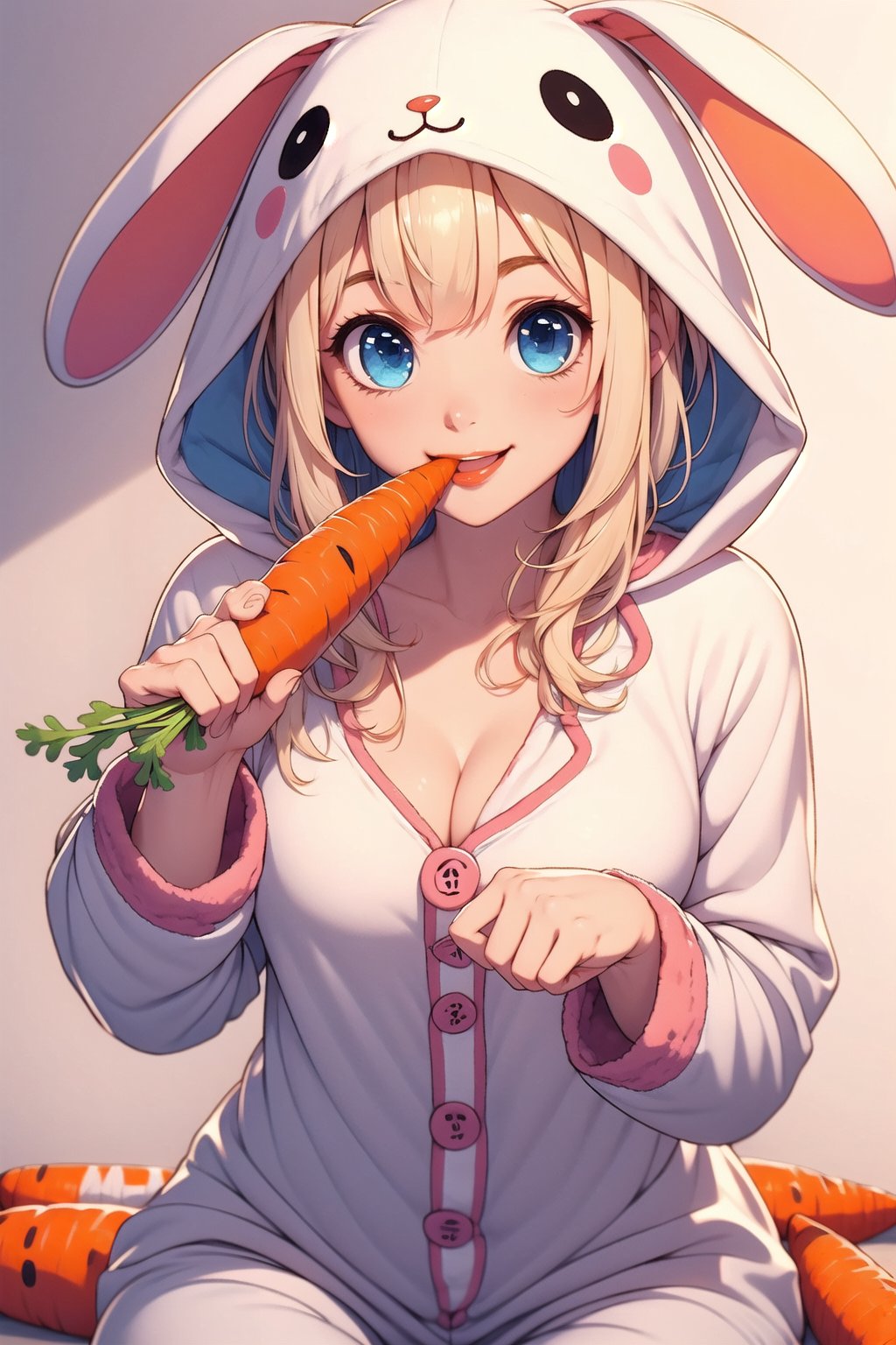 girl,onesie pajama,eating, carrot,cleavage,smile,blonde, blue eyes,