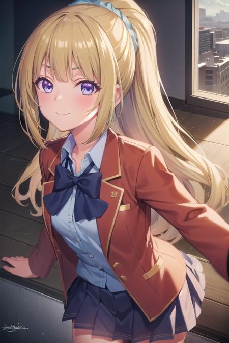 keikaruizawa, <lora:kei karuizawa s2s3-pruned-lora-nochekaiser:1>, kei karuizawa, long hair, bangs, blunt bangs, (purple eyes:1.1), blonde hair, shirt, hair ornament, ponytail, scrunchie, blue scrunchie, smile,BREAK skirt, shirt, bow, school uniform, jacket, (red jacket:1.2), pleated skirt, bowtie, sweater, (blue bow:1.2), (blue shirt:1.2),BREAK indoors, classroom,BREAK looking at viewer, (cowboy shot:1.5),BREAK <lyco:GoodHands-beta2:1>, (masterpiece:1.2), best quality, high resolution, unity 8k wallpaper, (illustration:0.8), (beautiful detailed eyes:1.6), extremely detailed face, perfect lighting, extremely detailed CG, (perfect hands, perfect anatomy),