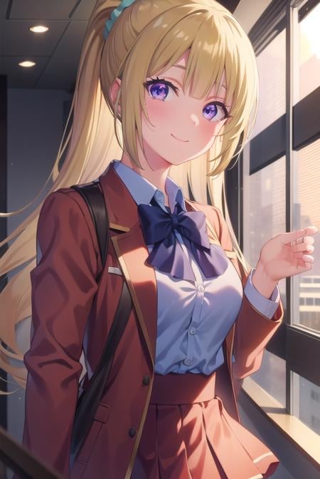 keikaruizawa, <lora:kei karuizawa s2s3-pruned-lora-nochekaiser:1>, kei karuizawa, long hair, bangs, blunt bangs, (purple eyes:1.1), blonde hair, shirt, hair ornament, ponytail, scrunchie, blue scrunchie, smile,BREAK skirt, shirt, bow, school uniform, jacket, (red jacket:1.2), pleated skirt, bowtie, sweater, (blue bow:1.2), (blue shirt:1.2),BREAK indoors, classroom,BREAK looking at viewer, (cowboy shot:1.5),BREAK <lyco:GoodHands-beta2:1>, (masterpiece:1.2), best quality, high resolution, unity 8k wallpaper, (illustration:0.8), (beautiful detailed eyes:1.6), extremely detailed face, perfect lighting, extremely detailed CG, (perfect hands, perfect anatomy),