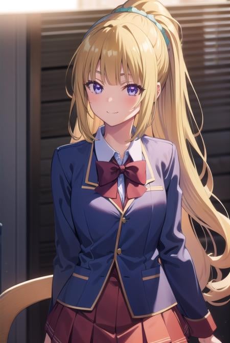 keikaruizawa, <lora:kei karuizawa s2s3-pruned-lora-nochekaiser:1>, kei karuizawa, long hair, bangs, blunt bangs, (purple eyes:1.1), blonde hair, shirt, hair ornament, ponytail, scrunchie, blue scrunchie, smile,BREAK skirt, shirt, bow, school uniform, jacket, (red jacket:1.2), pleated skirt, bowtie, sweater, (blue bow:1.2), (blue shirt:1.2),BREAK indoors, classroom,BREAK looking at viewer, (cowboy shot:1.5),BREAK <lyco:GoodHands-beta2:1>, (masterpiece:1.2), best quality, high resolution, unity 8k wallpaper, (illustration:0.8), (beautiful detailed eyes:1.6), extremely detailed face, perfect lighting, extremely detailed CG, (perfect hands, perfect anatomy),