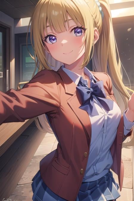 keikaruizawa, <lora:kei karuizawa s2s3-pruned-lora-nochekaiser:1>, kei karuizawa, long hair, bangs, blunt bangs, (purple eyes:1.1), blonde hair, shirt, hair ornament, ponytail, scrunchie, blue scrunchie, smile,BREAK skirt, shirt, bow, school uniform, jacket, (red jacket:1.2), pleated skirt, bowtie, sweater, (blue bow:1.2), (blue shirt:1.2),BREAK indoors, classroom,BREAK looking at viewer, (cowboy shot:1.5),BREAK <lyco:GoodHands-beta2:1>, (masterpiece:1.2), best quality, high resolution, unity 8k wallpaper, (illustration:0.8), (beautiful detailed eyes:1.6), extremely detailed face, perfect lighting, extremely detailed CG, (perfect hands, perfect anatomy),