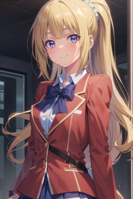 keikaruizawa, <lora:kei karuizawa s2s3-pruned-lora-nochekaiser:1>, kei karuizawa, long hair, bangs, blunt bangs, (purple eyes:1.1), blonde hair, shirt, hair ornament, ponytail, scrunchie, blue scrunchie, smile,BREAK skirt, shirt, bow, school uniform, jacket, (red jacket:1.2), pleated skirt, bowtie, sweater, (blue bow:1.2), (blue shirt:1.2),BREAK indoors, classroom,BREAK looking at viewer, (cowboy shot:1.5),BREAK <lyco:GoodHands-beta2:1>, (masterpiece:1.2), best quality, high resolution, unity 8k wallpaper, (illustration:0.8), (beautiful detailed eyes:1.6), extremely detailed face, perfect lighting, extremely detailed CG, (perfect hands, perfect anatomy),