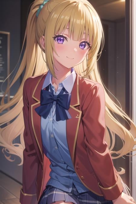 keikaruizawa, <lora:kei karuizawa s2s3-pruned-lora-nochekaiser:1>, kei karuizawa, long hair, bangs, blunt bangs, (purple eyes:1.1), blonde hair, shirt, hair ornament, ponytail, scrunchie, blue scrunchie, smile,BREAK skirt, shirt, bow, school uniform, jacket, (red jacket:1.2), pleated skirt, bowtie, sweater, (blue bow:1.2), (blue shirt:1.2),BREAK indoors, classroom,BREAK looking at viewer, (cowboy shot:1.5),BREAK <lyco:GoodHands-beta2:1>, (masterpiece:1.2), best quality, high resolution, unity 8k wallpaper, (illustration:0.8), (beautiful detailed eyes:1.6), extremely detailed face, perfect lighting, extremely detailed CG, (perfect hands, perfect anatomy),