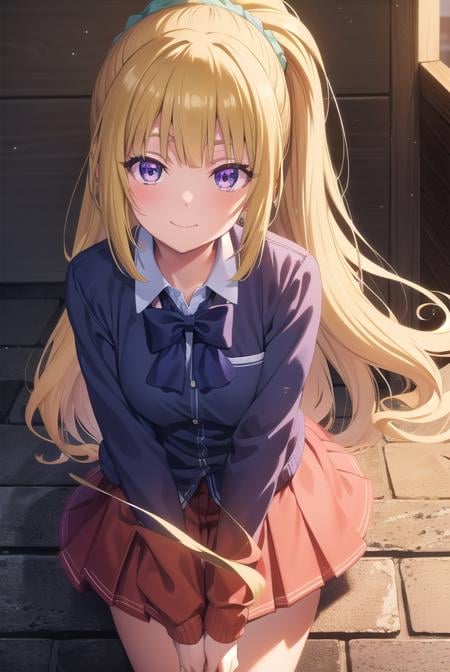 keikaruizawa, <lora:kei karuizawa s2s3-pruned-lora-nochekaiser:1>, kei karuizawa, long hair, bangs, blunt bangs, (purple eyes:1.1), blonde hair, shirt, hair ornament, ponytail, scrunchie, blue scrunchie, smile,BREAK skirt, shirt, bow, school uniform, jacket, (red jacket:1.2), pleated skirt, bowtie, sweater, (blue bow:1.2), (blue shirt:1.2),BREAK indoors, classroom,BREAK looking at viewer, (cowboy shot:1.5),BREAK <lyco:GoodHands-beta2:1>, (masterpiece:1.2), best quality, high resolution, unity 8k wallpaper, (illustration:0.8), (beautiful detailed eyes:1.6), extremely detailed face, perfect lighting, extremely detailed CG, (perfect hands, perfect anatomy),