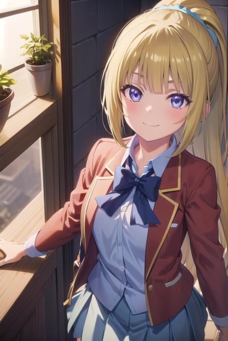 keikaruizawa, <lora:kei karuizawa s2s3-pruned-lora-nochekaiser:1>, kei karuizawa, long hair, bangs, blunt bangs, (purple eyes:1.1), blonde hair, shirt, hair ornament, ponytail, scrunchie, blue scrunchie, smile,BREAK skirt, shirt, bow, school uniform, jacket, (red jacket:1.2), pleated skirt, bowtie, sweater, (blue bow:1.2), (blue shirt:1.2),BREAK indoors, classroom,BREAK looking at viewer, (cowboy shot:1.5),BREAK <lyco:GoodHands-beta2:1>, (masterpiece:1.2), best quality, high resolution, unity 8k wallpaper, (illustration:0.8), (beautiful detailed eyes:1.6), extremely detailed face, perfect lighting, extremely detailed CG, (perfect hands, perfect anatomy),