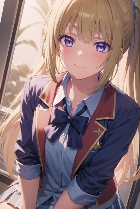 keikaruizawa, <lora:kei karuizawa s2s3-pruned-lora-nochekaiser:1>, kei karuizawa, long hair, bangs, blunt bangs, (purple eyes:1.1), blonde hair, shirt, hair ornament, ponytail, scrunchie, blue scrunchie, smile,BREAK skirt, shirt, bow, school uniform, jacket, (red jacket:1.2), pleated skirt, bowtie, sweater, (blue bow:1.2), (blue shirt:1.2),BREAK indoors, classroom,BREAK looking at viewer, (cowboy shot:1.5),BREAK <lyco:GoodHands-beta2:1>, (masterpiece:1.2), best quality, high resolution, unity 8k wallpaper, (illustration:0.8), (beautiful detailed eyes:1.6), extremely detailed face, perfect lighting, extremely detailed CG, (perfect hands, perfect anatomy),