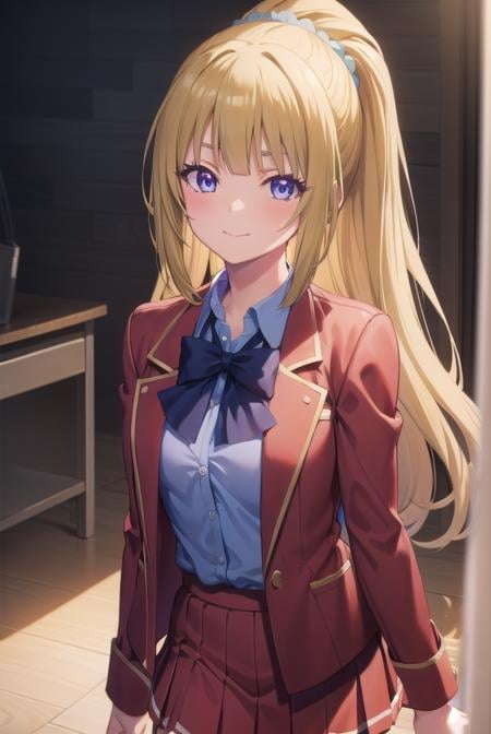 keikaruizawa, <lora:kei karuizawa s2s3-pruned-lora-nochekaiser:1>, kei karuizawa, long hair, bangs, blunt bangs, (purple eyes:1.1), blonde hair, shirt, hair ornament, ponytail, scrunchie, blue scrunchie, smile,BREAK skirt, shirt, bow, school uniform, jacket, (red jacket:1.2), pleated skirt, bowtie, sweater, (blue bow:1.2), (blue shirt:1.2),BREAK indoors, classroom,BREAK looking at viewer, (cowboy shot:1.5),BREAK <lyco:GoodHands-beta2:1>, (masterpiece:1.2), best quality, high resolution, unity 8k wallpaper, (illustration:0.8), (beautiful detailed eyes:1.6), extremely detailed face, perfect lighting, extremely detailed CG, (perfect hands, perfect anatomy),