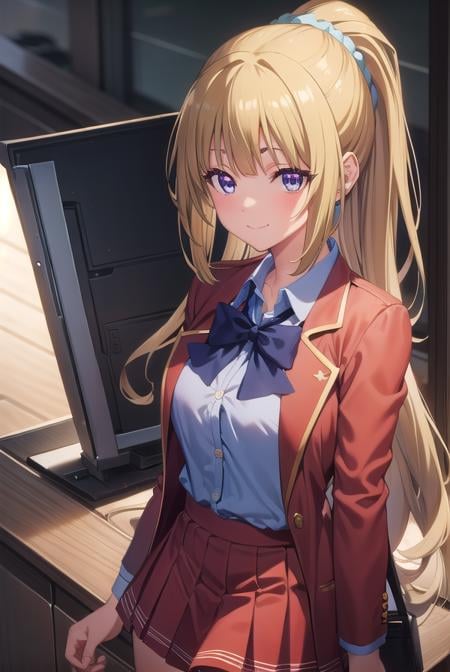 keikaruizawa, <lora:kei karuizawa s2s3-pruned-lora-nochekaiser:1>, kei karuizawa, long hair, bangs, blunt bangs, (purple eyes:1.1), blonde hair, shirt, hair ornament, ponytail, scrunchie, blue scrunchie, smile,BREAK skirt, shirt, bow, school uniform, jacket, (red jacket:1.2), pleated skirt, bowtie, sweater, (blue bow:1.2), (blue shirt:1.2),BREAK indoors, classroom,BREAK looking at viewer, (cowboy shot:1.5),BREAK <lyco:GoodHands-beta2:1>, (masterpiece:1.2), best quality, high resolution, unity 8k wallpaper, (illustration:0.8), (beautiful detailed eyes:1.6), extremely detailed face, perfect lighting, extremely detailed CG, (perfect hands, perfect anatomy),