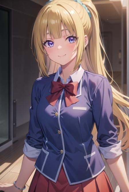 keikaruizawa, <lora:kei karuizawa s2s3-pruned-lora-nochekaiser:1>, kei karuizawa, long hair, bangs, blunt bangs, (purple eyes:1.1), blonde hair, shirt, hair ornament, ponytail, scrunchie, blue scrunchie, smile,BREAK skirt, shirt, bow, school uniform, jacket, (red jacket:1.2), pleated skirt, bowtie, sweater, (blue bow:1.2), (blue shirt:1.2),BREAK indoors, classroom,BREAK looking at viewer, (cowboy shot:1.5),BREAK <lyco:GoodHands-beta2:1>, (masterpiece:1.2), best quality, high resolution, unity 8k wallpaper, (illustration:0.8), (beautiful detailed eyes:1.6), extremely detailed face, perfect lighting, extremely detailed CG, (perfect hands, perfect anatomy),