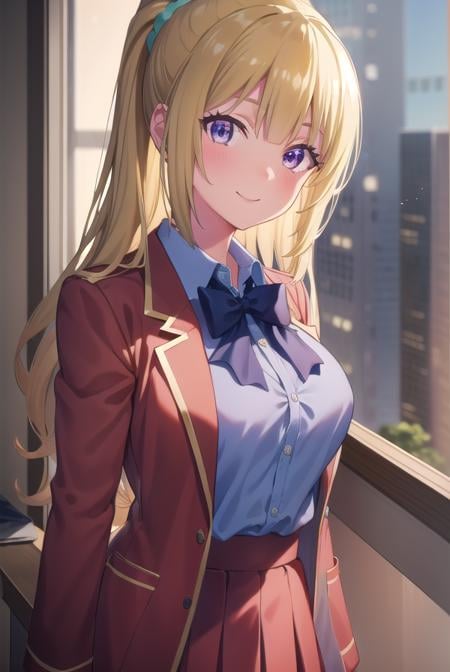 keikaruizawa, <lora:kei karuizawa s2s3-pruned-lora-nochekaiser:1>, kei karuizawa, long hair, bangs, blunt bangs, (purple eyes:1.1), blonde hair, shirt, hair ornament, ponytail, scrunchie, blue scrunchie, smile,BREAK skirt, shirt, bow, school uniform, jacket, (red jacket:1.2), pleated skirt, bowtie, sweater, (blue bow:1.2), (blue shirt:1.2),BREAK indoors, classroom,BREAK looking at viewer, (cowboy shot:1.5),BREAK <lyco:GoodHands-beta2:1>, (masterpiece:1.2), best quality, high resolution, unity 8k wallpaper, (illustration:0.8), (beautiful detailed eyes:1.6), extremely detailed face, perfect lighting, extremely detailed CG, (perfect hands, perfect anatomy),