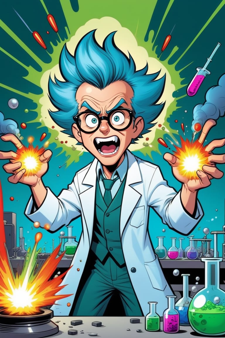 cartoonish style, a mad scientist making explosive experiences in a laboratory, highly detailed, well rendered, (caricature:0.8), comic book, vibrant