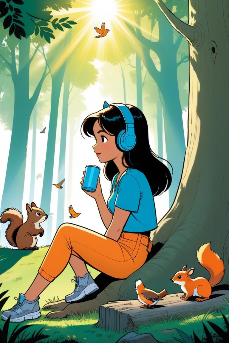 Girl is listening to music on headphones, 18 year old cute girl, sitting under a big tree in the forest, drinks are being placed, sunlight is shining through the trees, forest animals are hiding, squirrel and small birds are also gathering, modern comic book illustration, graphic illustration, comic art, graphic novel art, vibrant, highly detailed, in the style of lanfeust of troy, art by Didier Tarquin