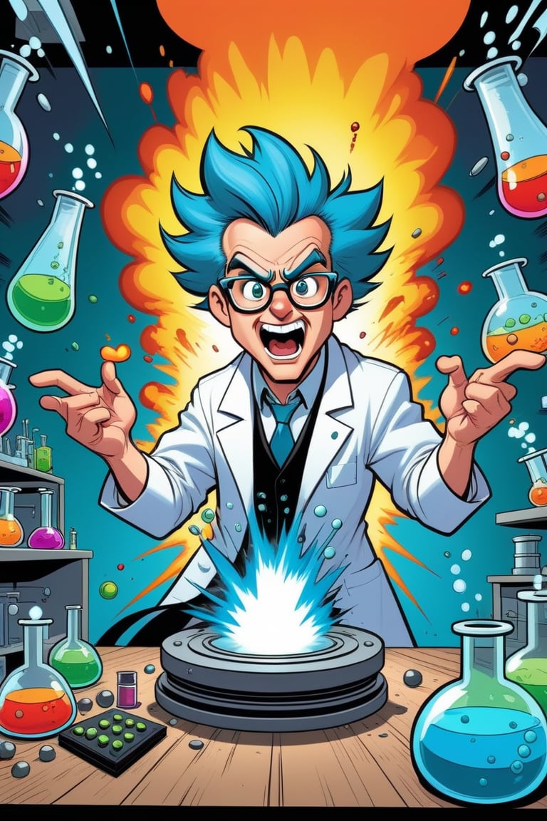 cartoonish style, a mad scientist making explosive experiences in a laboratory, highly detailed, well rendered, (caricature:0.8), comic book, vibrant