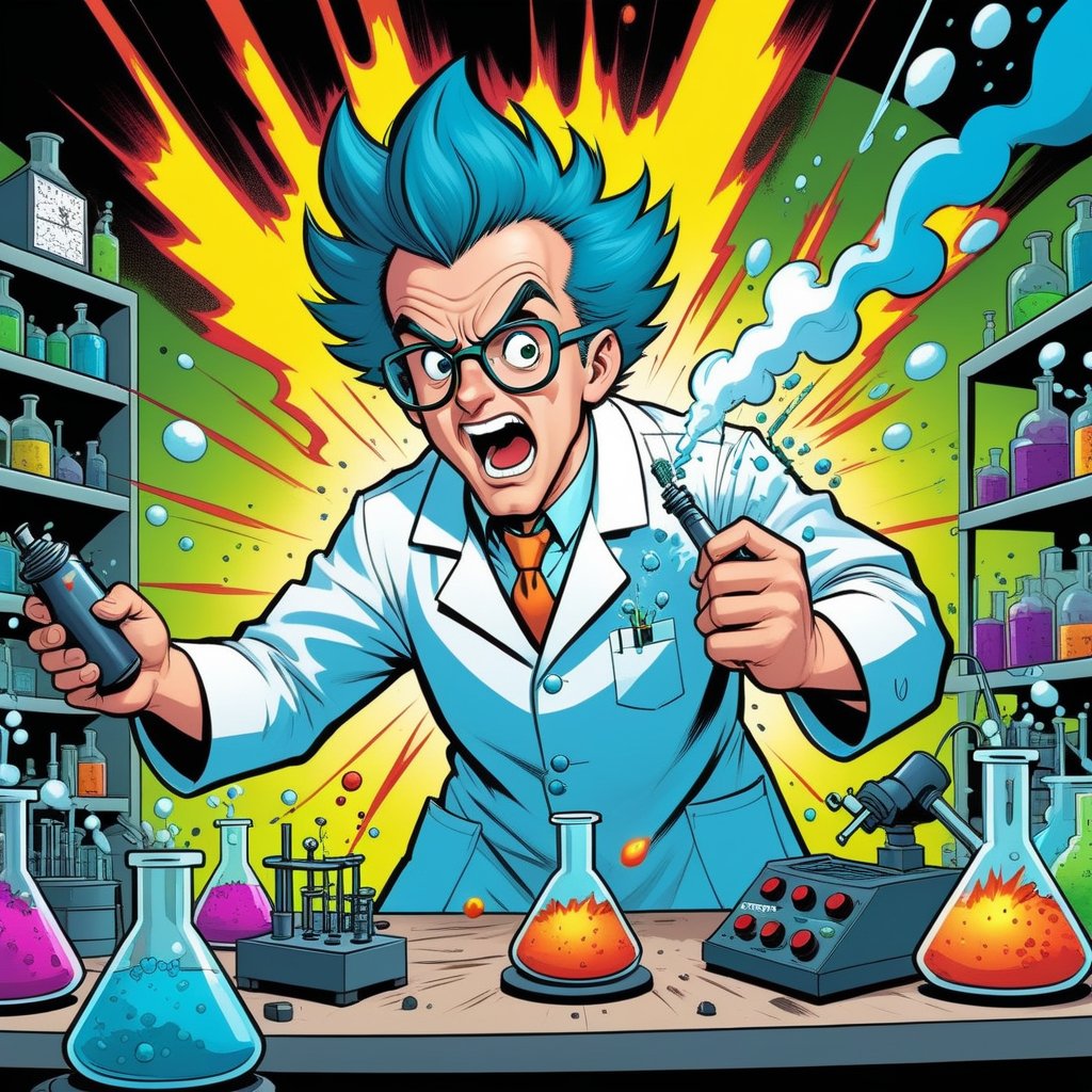 cartoonish style, a mad scientist making explosive experiences in a laboratory, highly detailed, well rendered, (caricature:0.8), comic book, vibrant