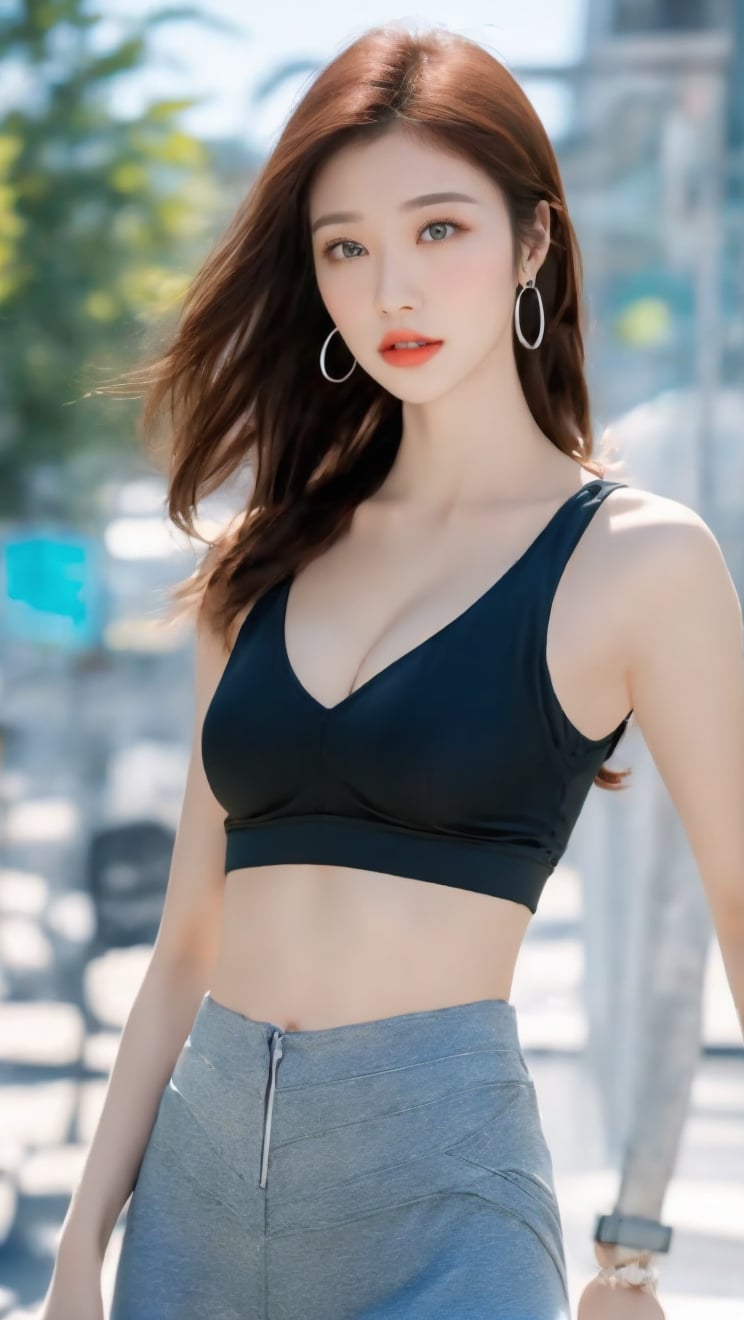 Create an photography, realistic image of a 45-year-old beautiful Asian woman with fair skin, piercing blue eyes, a normal-sized nose, and full, pouty lips. She stands at 5’9” and weighs around 170 pounds, curvier, with a confident posture. She wears a black workout outfit, leggings and a sports bra and accessorizes with a silver hoop nose piercing. The background is an outdoors, summer day by the beach. HD high resolution 8k realistic 
,jingtian,1 girl 