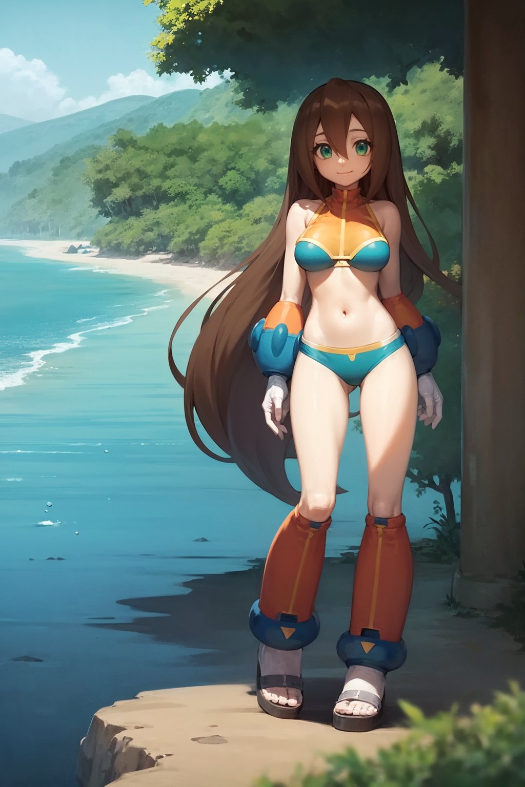 masterpiece, best quality,1girl, airisu, brown hair, low-tied long hair, long hair, hair between eyes, green eyes, bikini, gloves,smile, solo, looking at viewer, sea, sand, blue sky, tropical island background  <lora:IrisMegaman:1>