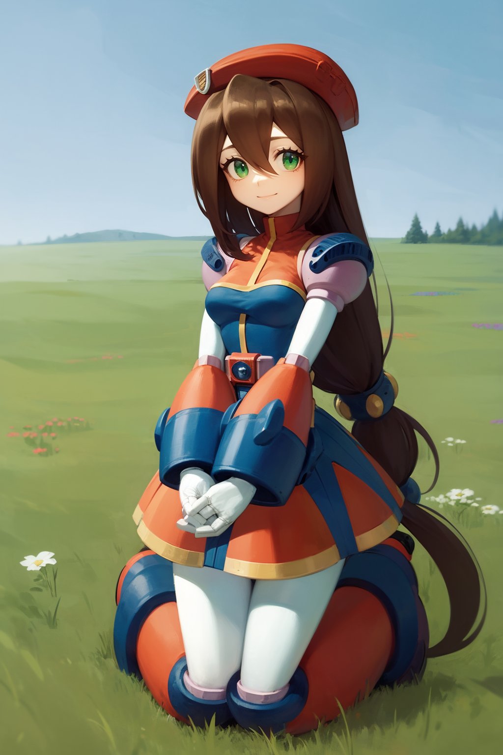 masterpiece, best quality,1girl, airisu, brown hair, low-tied long hair, long hair, hair between eyes, green eyes, beret, android, robot, dress,kneeling, smile, looking at viewer, solo, grass, blue sky, meadow  background   <lora:IrisMegaman:1>