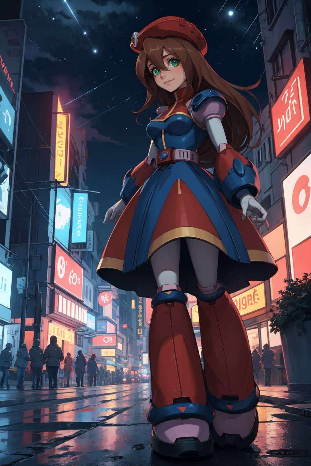 masterpiece, best quality,1girl, airisu, brown hair, low-tied long hair, long hair, hair between eyes, green eyes, beret, android, robot, dress,smile, solo, night, city light, standing, view from below, night sky, cyberpunk city background   <lora:IrisMegaman:1>