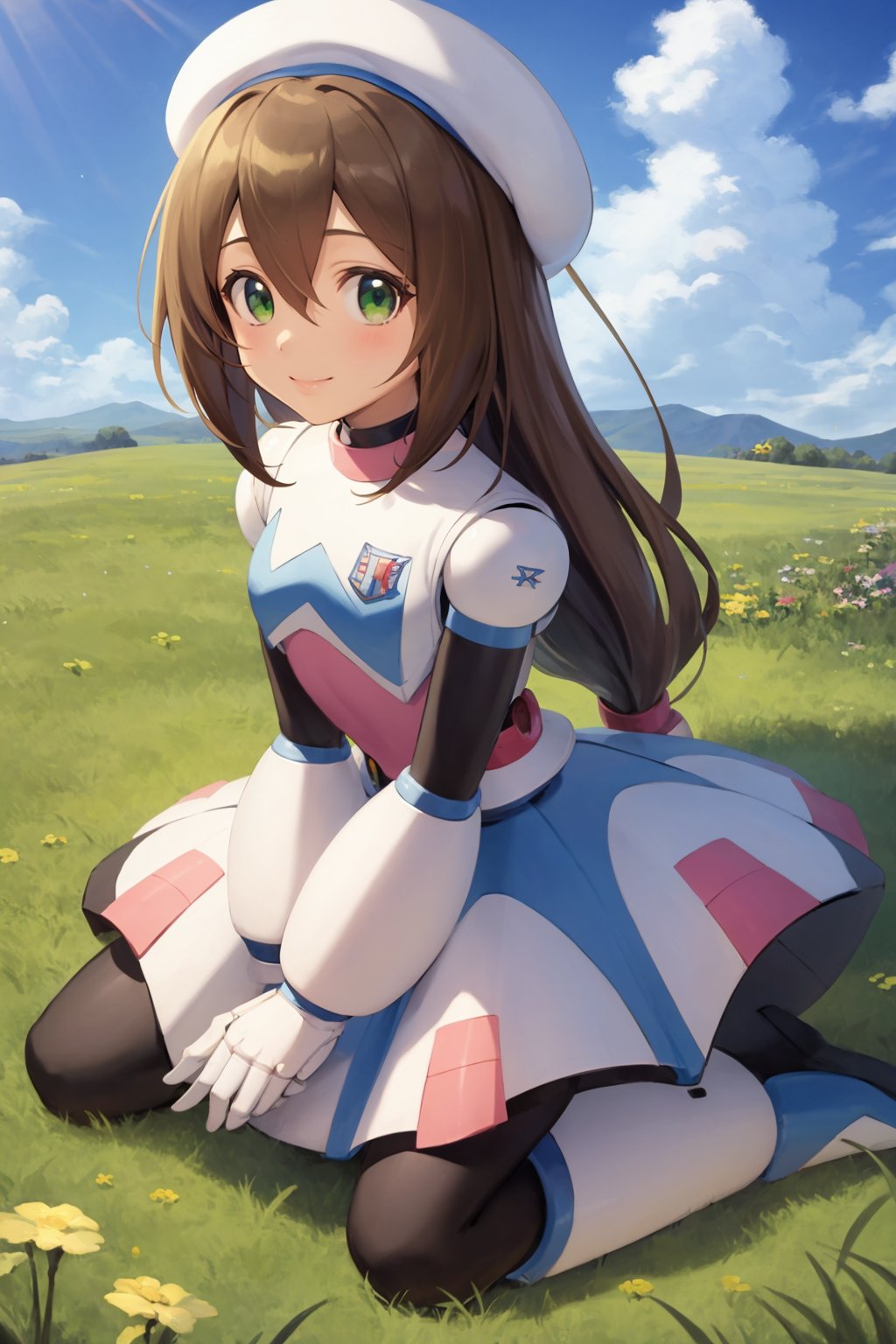 masterpiece, best quality,1girl, airisu, brown hair, low-tied long hair, long hair, hair between eyes, green eyes, beret, android, dress, reploid,kneeling, smile, looking at viewer, solo, grass, blue sky, meadow  background  <lora:IrisWhite:1>