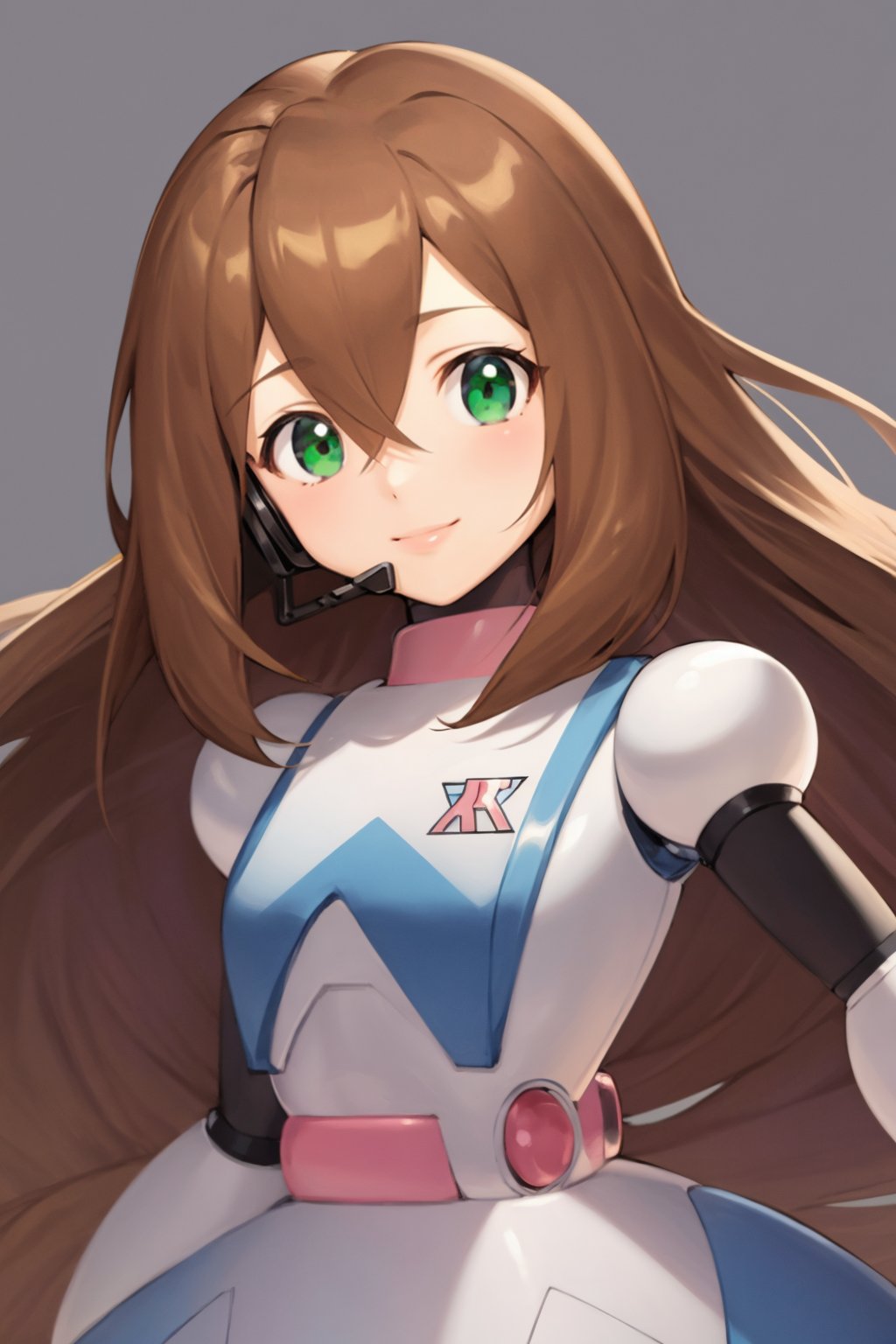 masterpiece, best quality,1girl, airisu, brown hair, low-tied long hair, long hair, hair between eyes, green eyes, android, headset, reploid, robot,upper body, smile, solo, looking at viewer, simple background    <lora:IrisWhite:1>