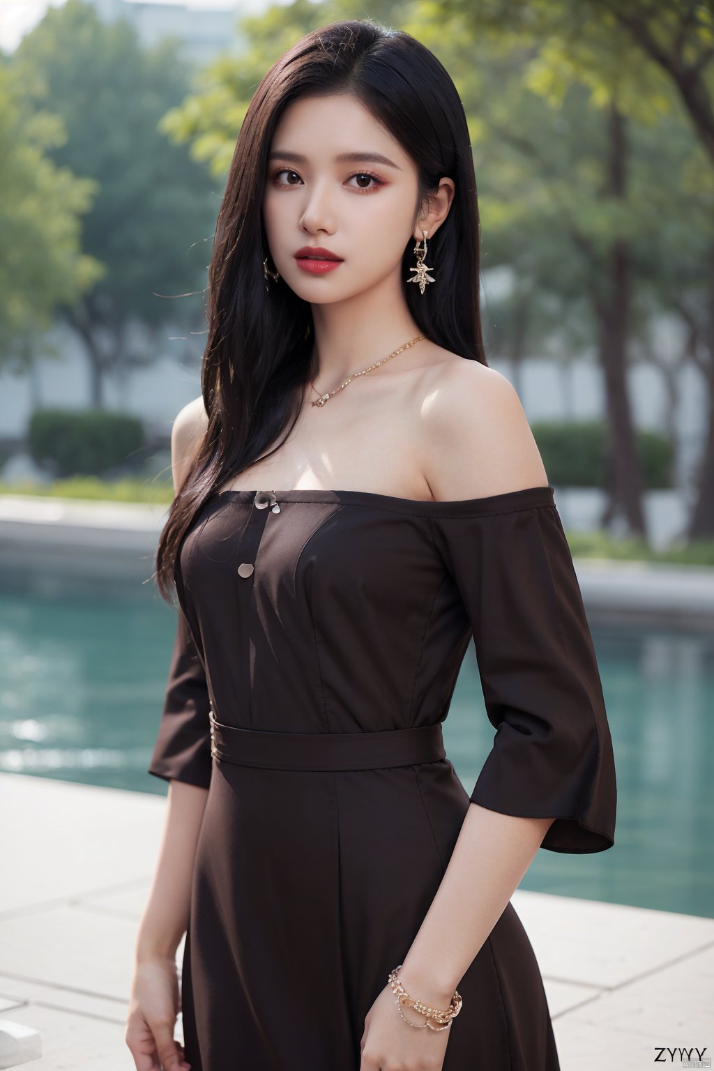 zjy, 1girl, solo, long hair, dress, jewelry, earrings, detached sleeves, looking at viewer, realistic, brown eyes, red dress, bare shoulders, black hair, brown hair, watermark, lips, brown dress, parted lips, standing