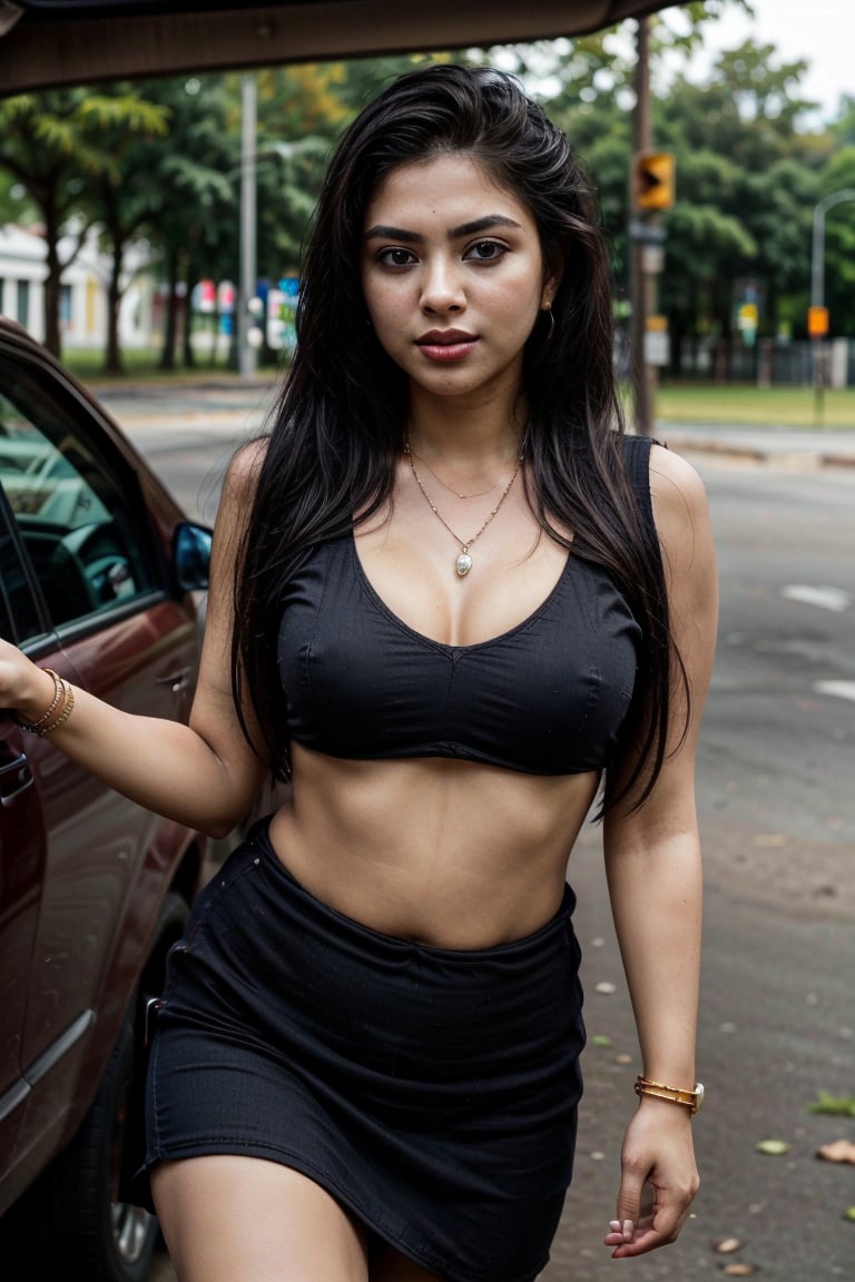 1girl, solo, long hair, looking at viewer, black hair, plump, navel, thick body, 30 yo,  dress, jewelry, earrings, outdoors, sleeveless, artist name, necklace, bag, blurry, black dress, bracelet, lips, sleeveless dress, blurry background, ground vehicle, motor vehicle, handbag, realistic, car, pearl necklace,photo of perfecteyes eyes