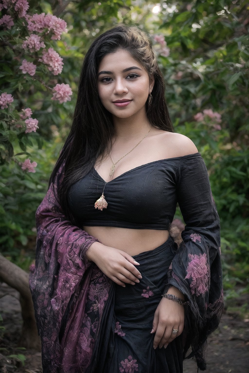 A stunning young woman in a traditional Indian national costume adorned with intricate embroidery and ornaments, beaming with a warm smile as she poses amidst the vibrant blooms of a botanical garden on a radiant sunny day. Her big eyes sparkle like diamonds against the soft, golden light, while the lush greenery and colorful flowers create a lush backdrop for her elegant beauty.,Big eyes ,Plump chubby