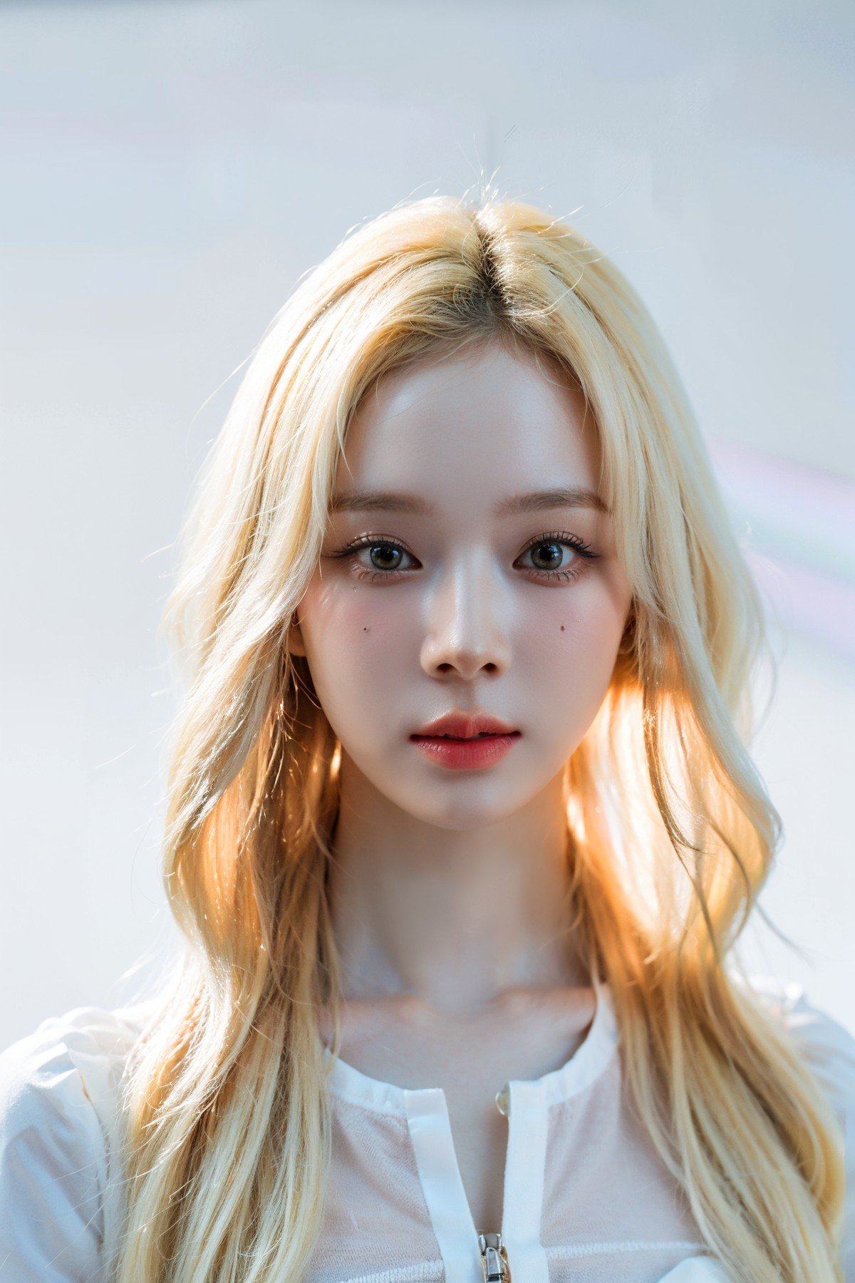 extremely detailed face and eyes, best quality ,masterpiece, extremely detailed, ultra-detailed, (realistic, photo-realistic:1.3), extremely detailed skin, looking at viewer, portrait, upperbody, white shirt, slender waist, <lora:00_aespaminjeong2024_SM1:1>, (white background), blonde hair, long wavy hair