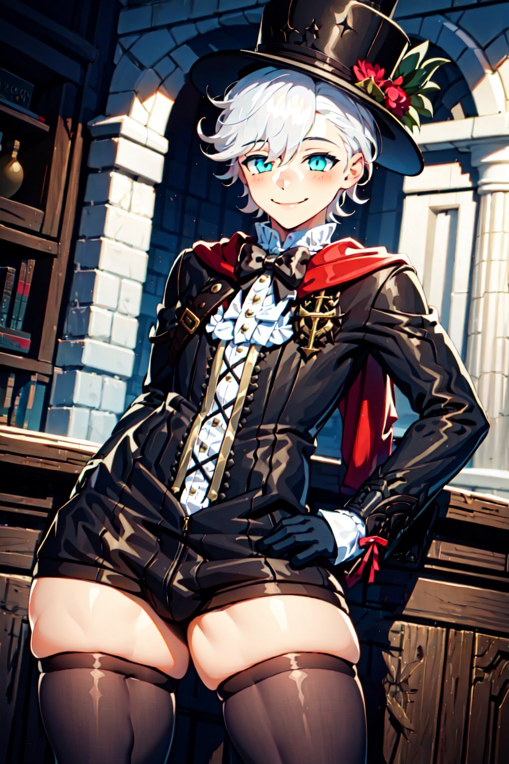 1boy,Lyney,white hair,smile,hat,stockings,