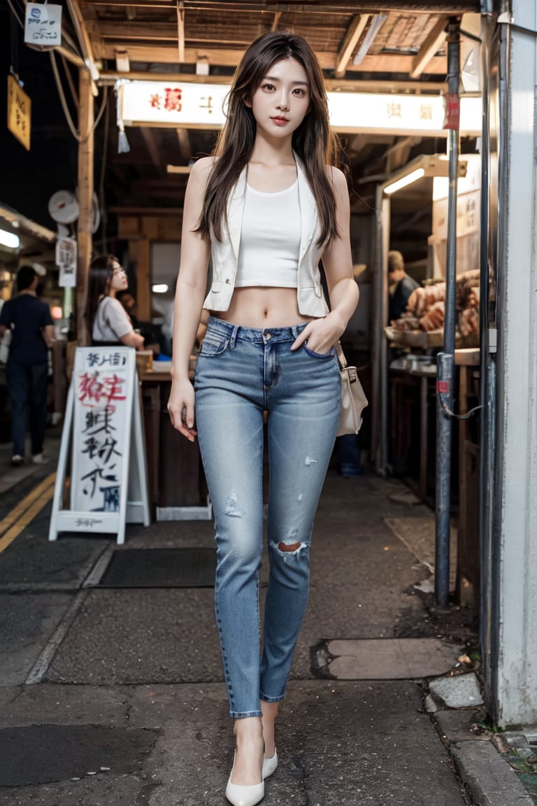 Japanese fish market,  White vest, jeans,
(1girl) ,  asian female, 23 yo, brown hair, straight hair , slim body,  full body shot, 
 
Portraits,  Photography , (realistic:1.3), best quality, Masterpiece ,  high quality, high resolution, high precision, UHD: 1.3, 4K rendering, sharp focus on face, perfect hands, 