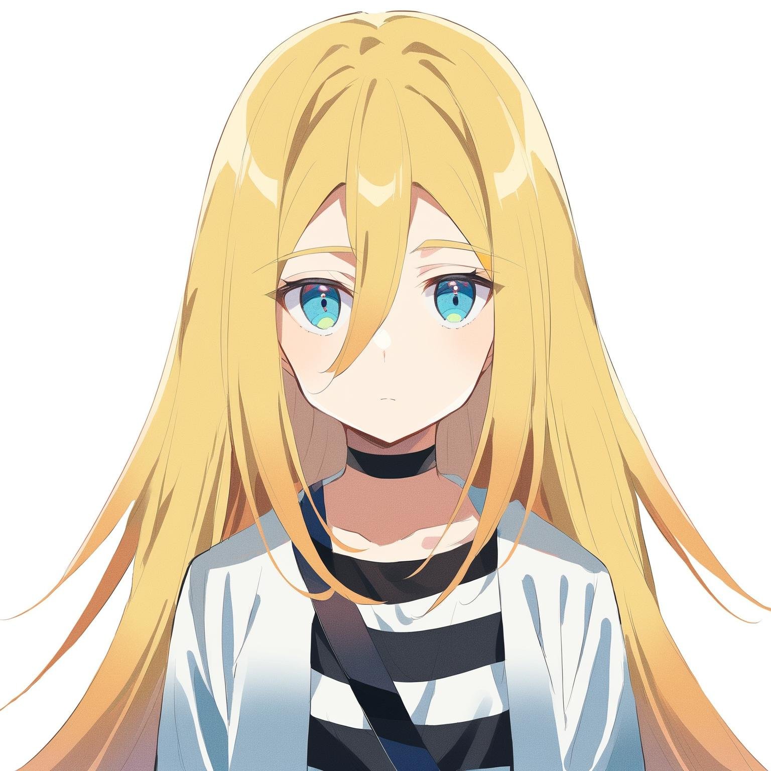 1girl, rachel gardner, satsuriku no tenshi, solo, long hair, blonde hair, blue eyes, striped shirt, shirt, white background, hair between eyes, striped, choker, looking at viewer, jacket, upper body, white jacket, simple background, collarbone, open jacket, open clothes, closed mouth, bangs, very long hair,<lora:rachelgardner-000013:0.9> 